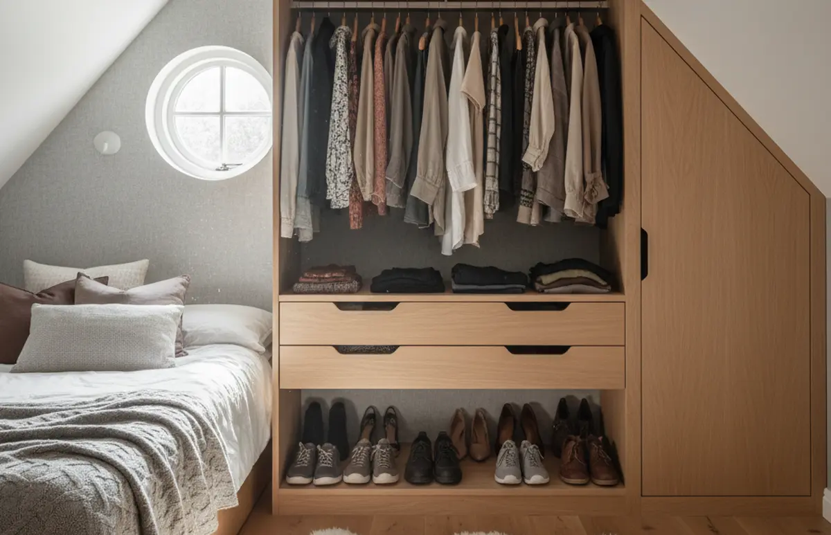 Comment aménager un dressing sous pente dans une petite chambre mansardée
