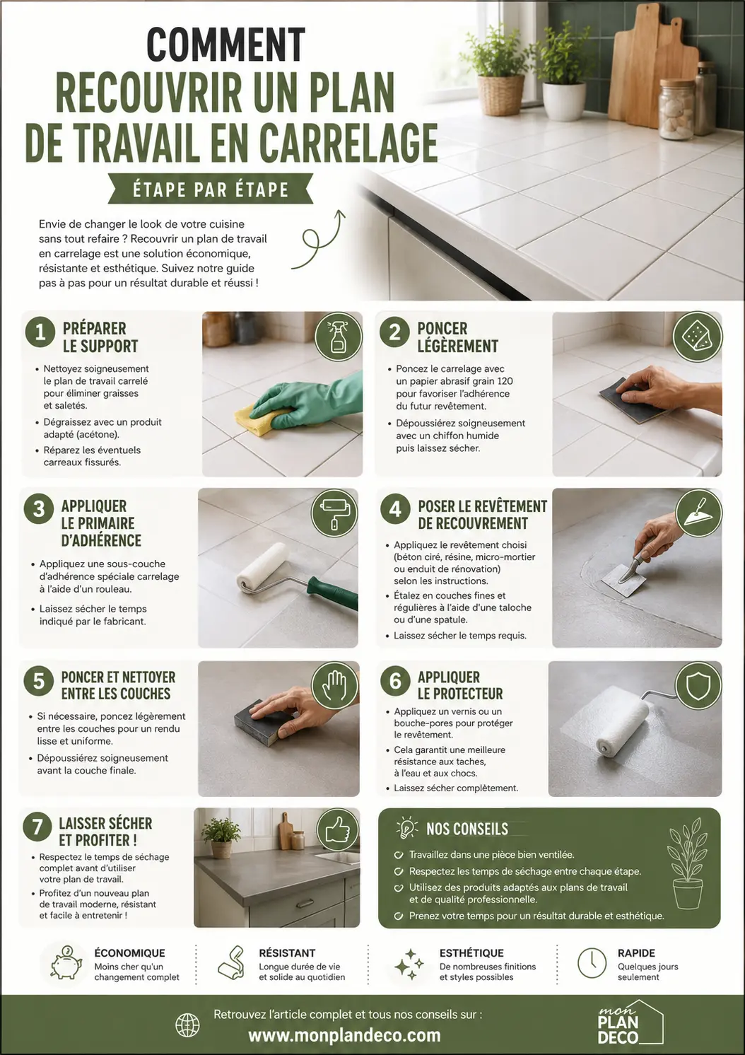 recouvrir un plan de travail en carrelage - infographie